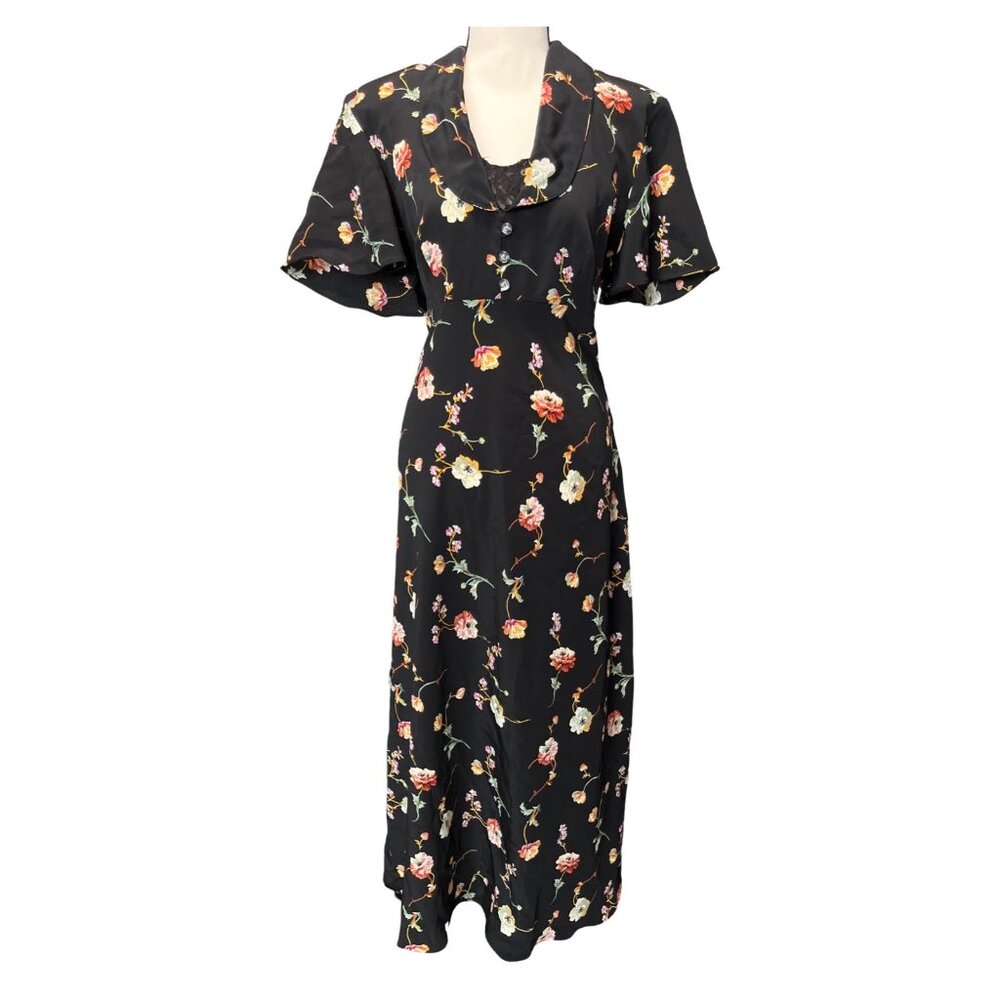 Sz 13 Women Floral Black Dress, Vintage, Made in USA